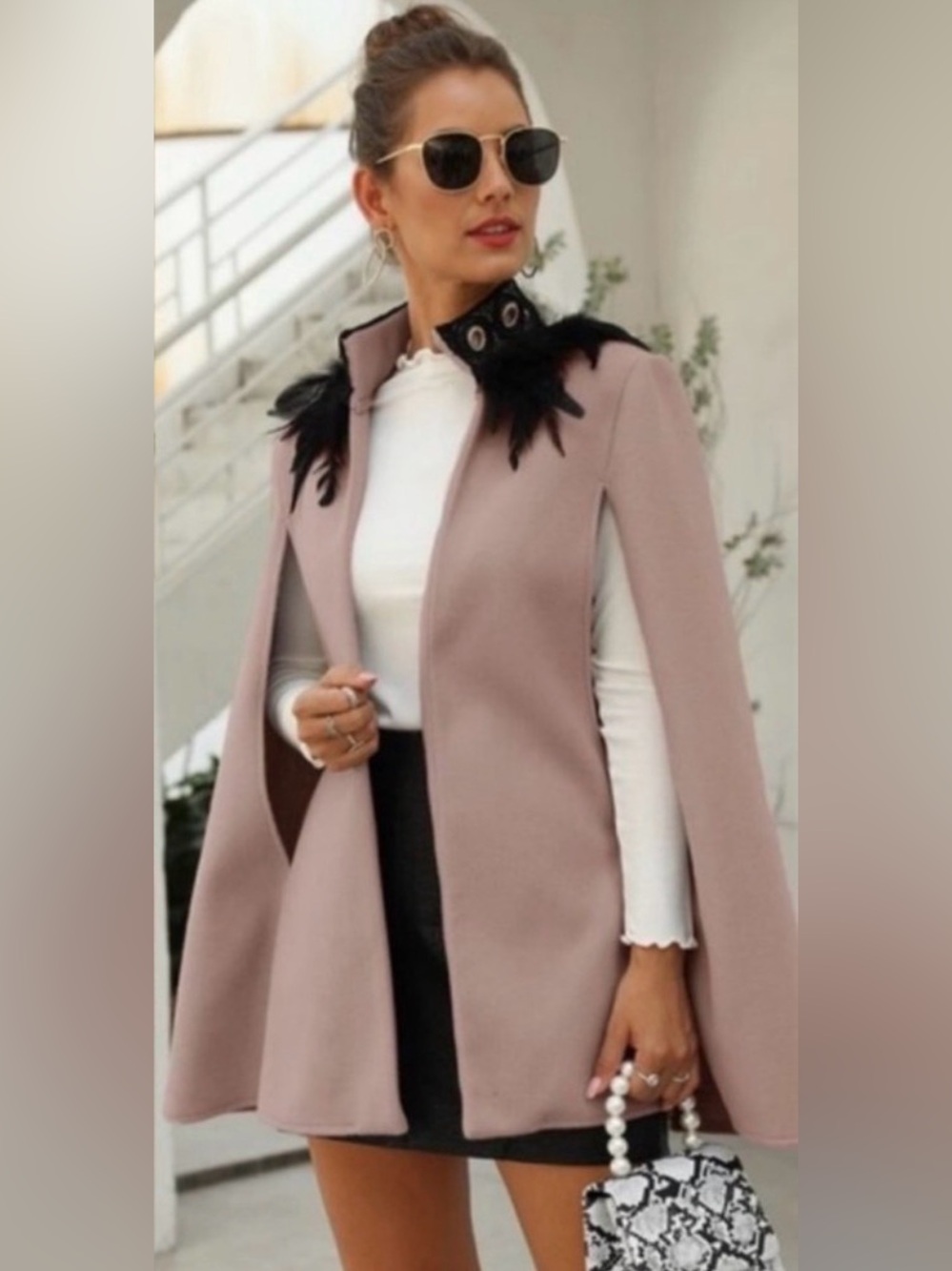 NWT Chic Pink Cape with Black Feather Detail - Small